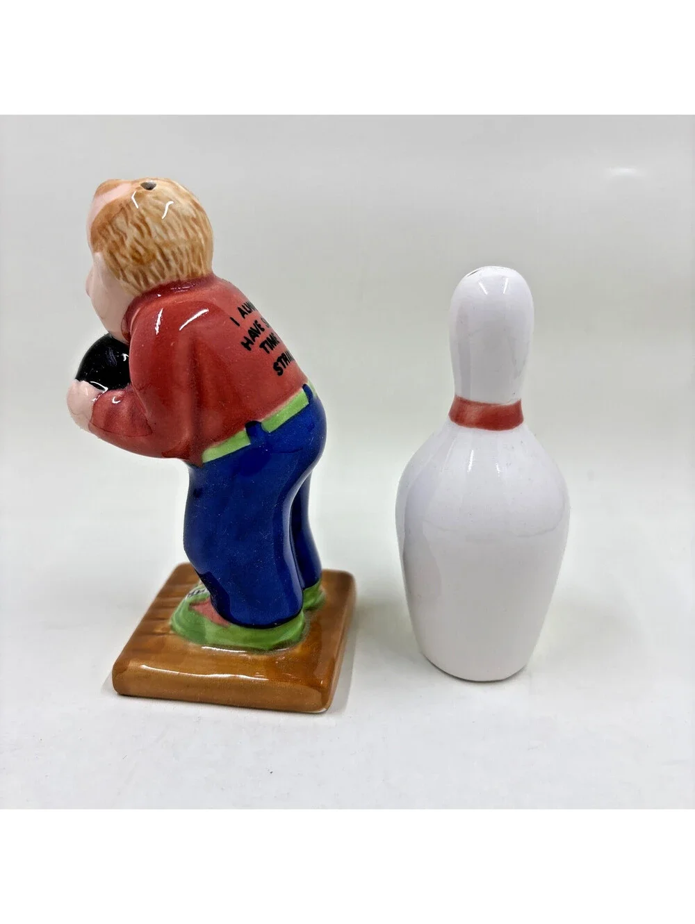 Vintage Bowling Ball & Pin W/ Bowler Salt and Pepper Shaker Set Ceramic RARE